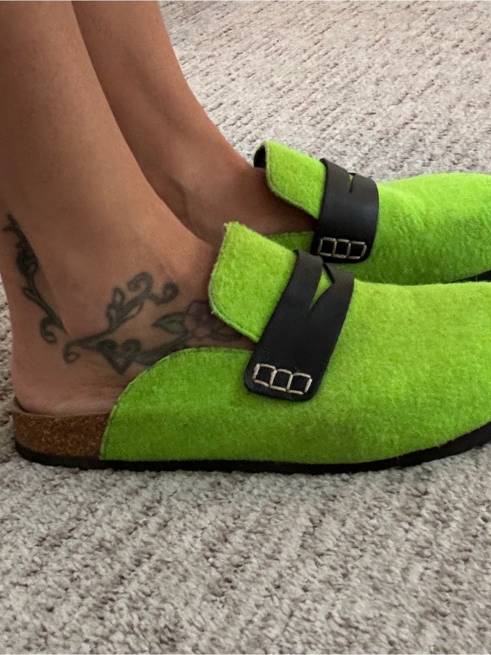 JW ANDERSON Neon Green Felt Mule Clogs with Black Leather Strap 8